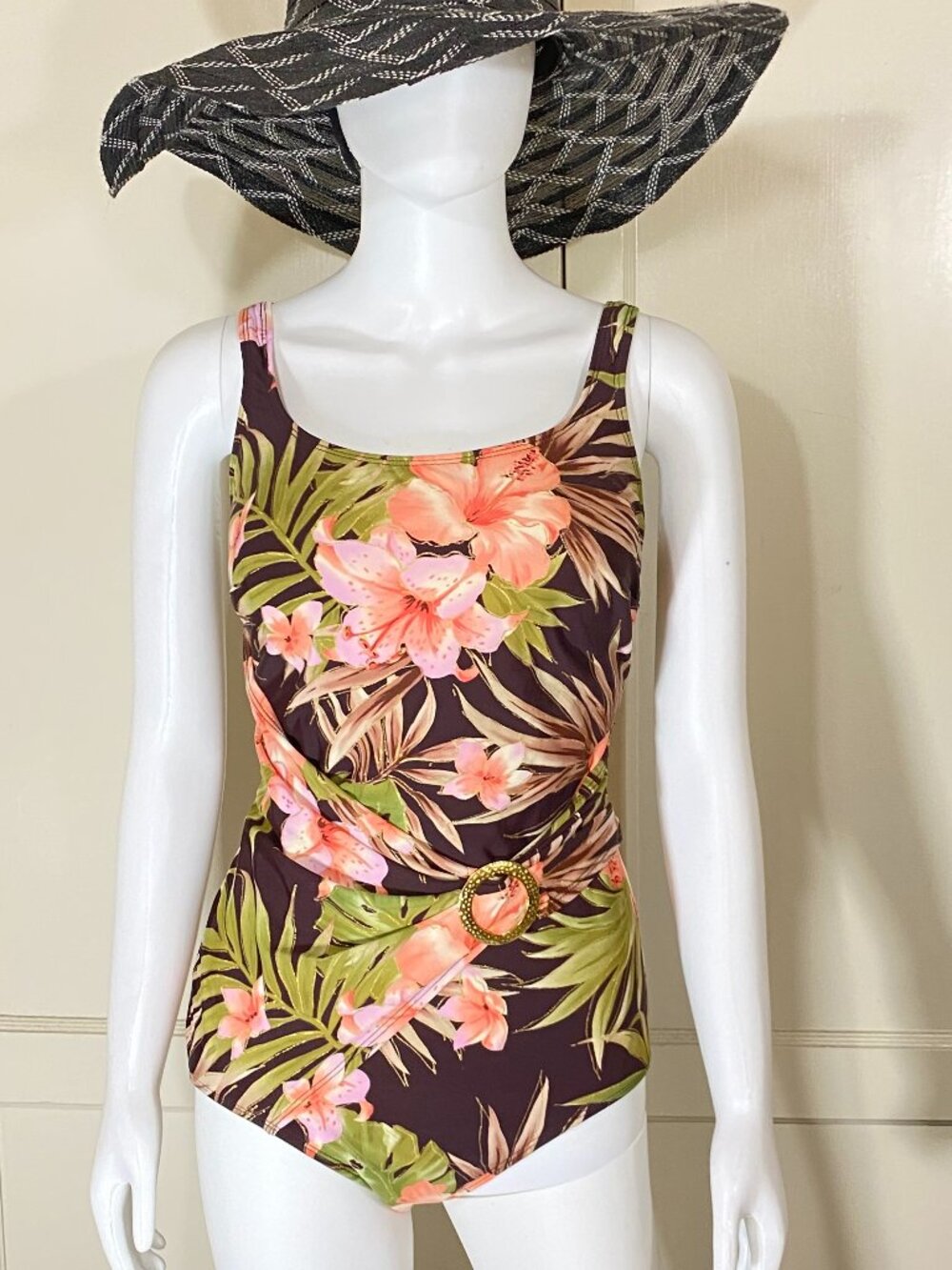 ROXANNE Retro Tropical Floral One Piece Swimsuit Tummy Ctrl Gold Accent 14 38C
